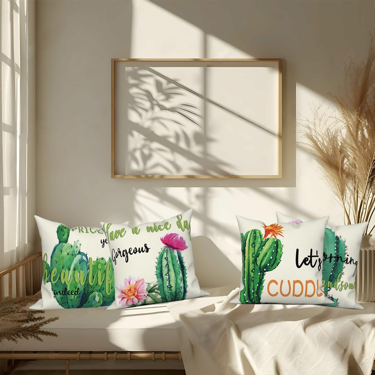 4 Pcs/Set Green Cactus Pillow Covers Summer Tropical Succulents Plants Floral Colorful Flowers Quote Watercolor Throw Pillow Covers for Home Outdoor Sofa Bedroom Couch, 18"x18"