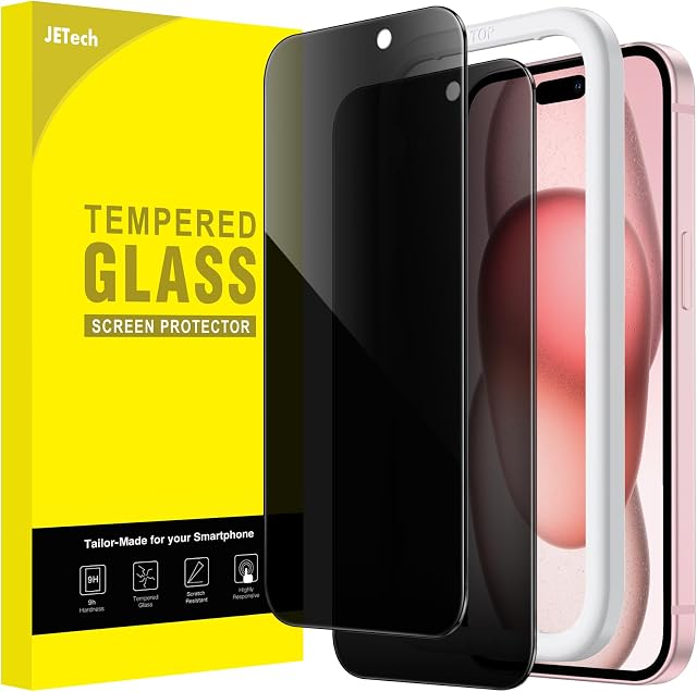 JETech Prywatność Ochraniacz Ekranu dla iPhone 15 6,1 Cala, Antyszpieg Szkło Hartowane Film z Narzędzie Łatwej Instalacji, 2 Sztuki