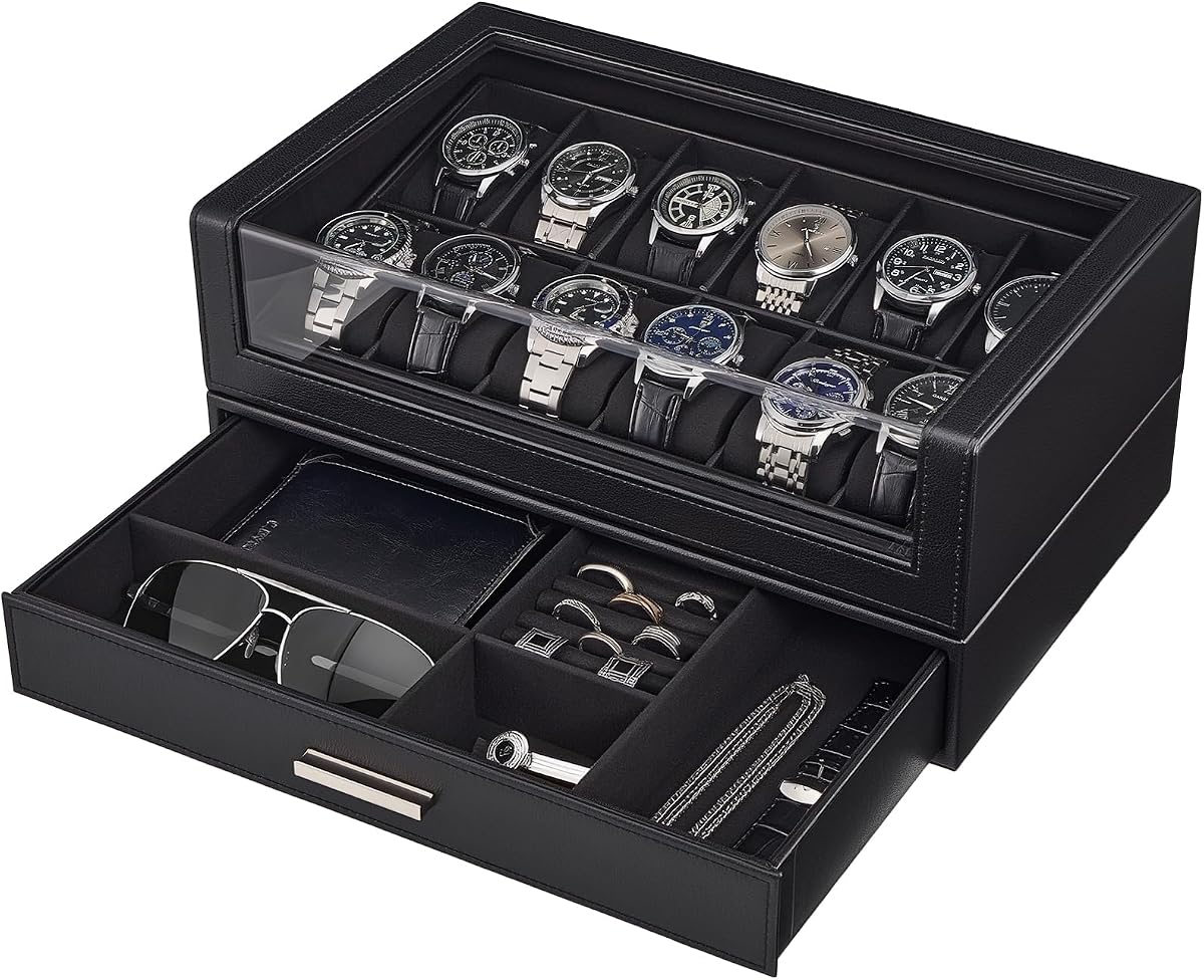 ProCase Caja de Reloj para Hombre, Soporte para Exhibición de Reloj con 12 Ranuras -Negro | Parte superior de acrílico transparente, estuche de cuero PU de gran capacidad con organizador de cajones, almacenamiento de joyas, regalo Ideal para hombres y mujeres