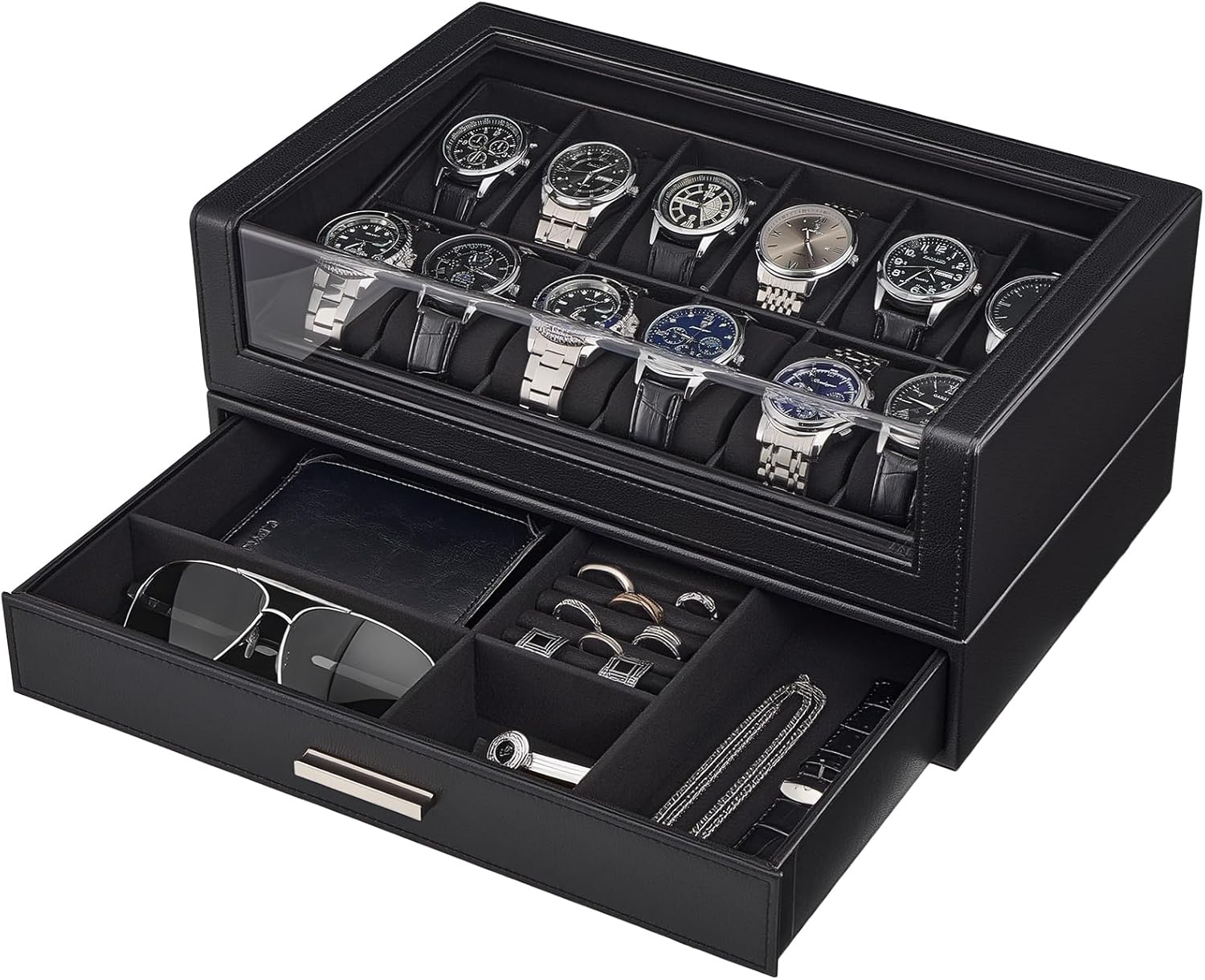 ProCase Watch Box for Men, 12 Slots Watch Display Holder with Clear Acrylic Top, Large Capacity PU Leather Case with Drawer Organizer, Jewelry Storage, Ideal Gift for Men Women -Brown