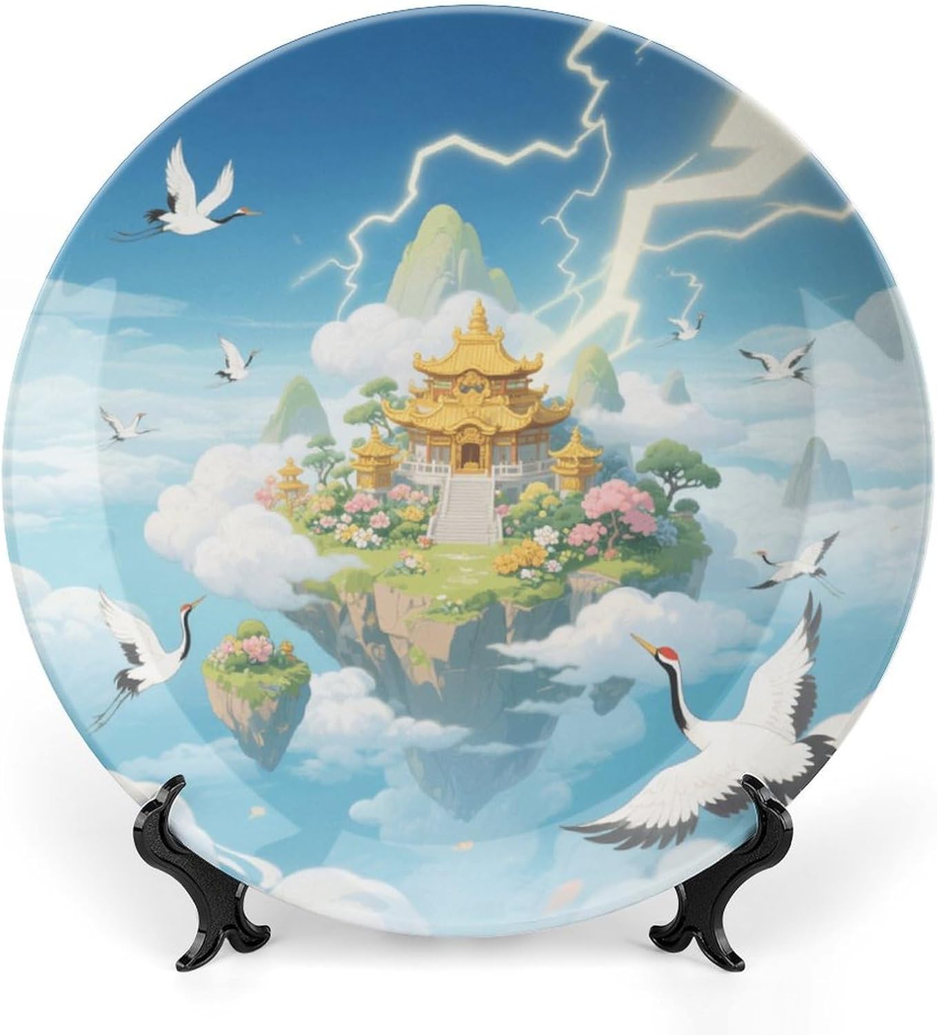 Bone China Decorative Plates Cloud Sea Fairy Island Ceramic Decorative Plate Wall Decor with Display Stand Ceramic Ornaments for Wall Hanging Decoration