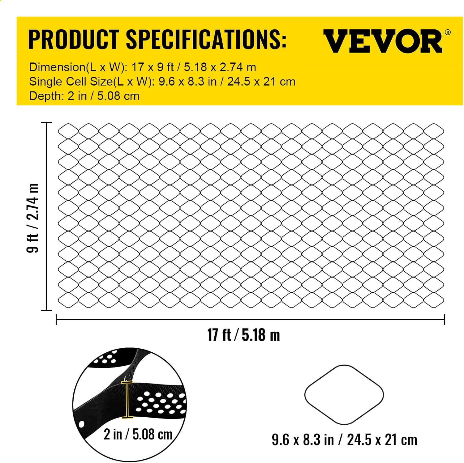 Vevor Geo Grid Ground Grid 9x17 ft, Geo Cell Grid 2 Inch Thick, Gravel Grid HDPE Material, Ground Stabilization Grid 1885 LBS Per Sq, Tensile Strength Gravel Ground Grid for Slope Driveways, Garden : Patio, Lawn & Garden