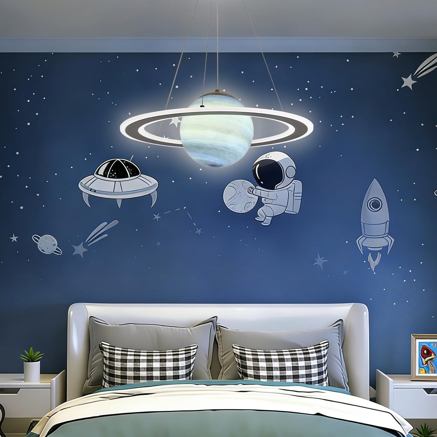 Lampade a sospensione Pianeta per cameretta dei bambini Lampadario in vetro per camera delle ragazze dei ragazzi Pianeta creativo, Lampade a sospensione a soffitto per camera da letto del piane