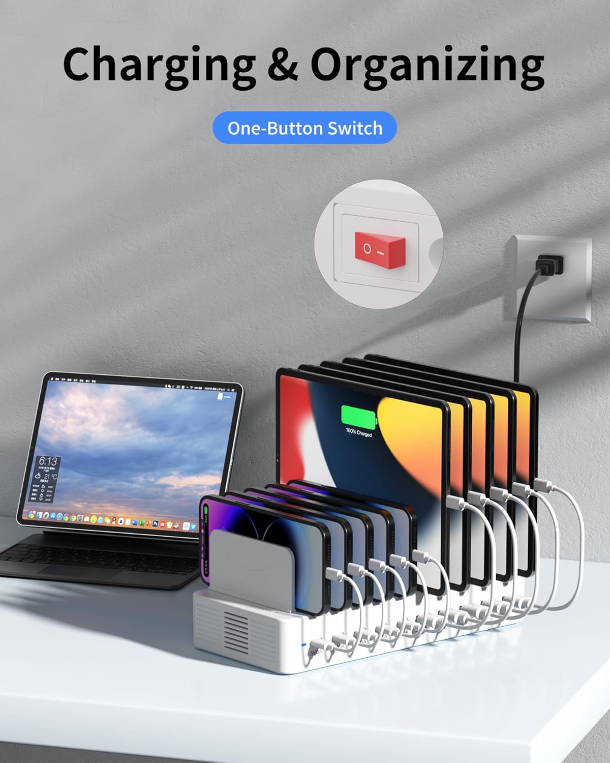 100W Charging Station for Multiple Devices, 10-Port USB Fast Charging Station with Adjustable Dividers & 10 Cables- Multi Device Organizer Charging Dock for iPhone, iPad, Tablets & More(White)