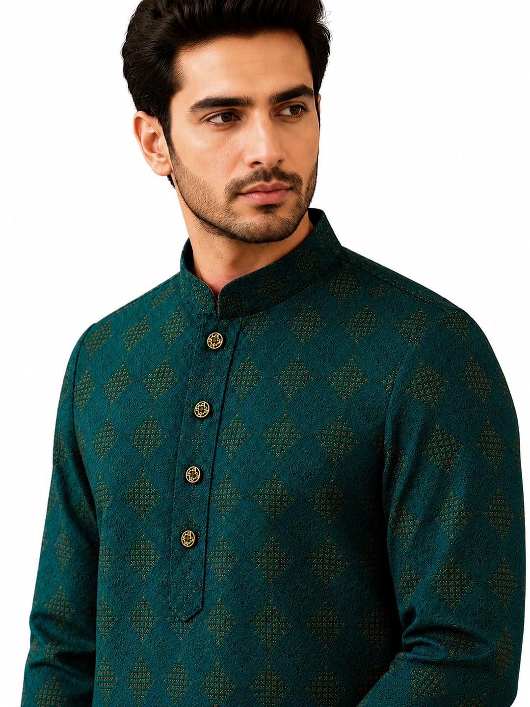 fashionriti Men's Art Silk Jacquard Kurta | Teal Gold Ethnic Motifs | Straight Fit Knee Length Full Sleeve | Ethnic Wear for Wedding Festive Party-picture-35