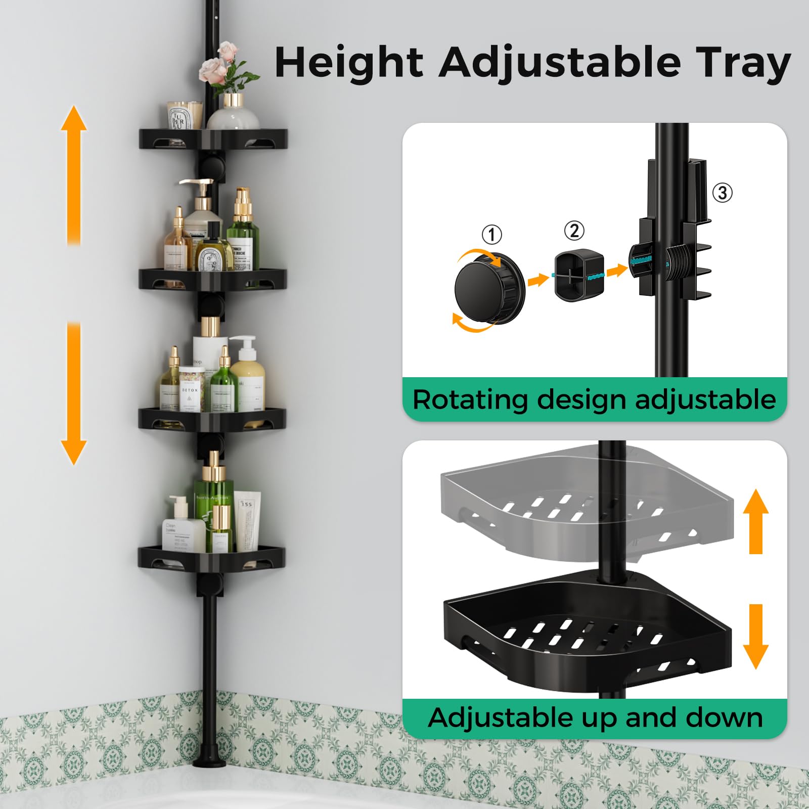 Organizador de barra de tensión de 4 niveles para ducha, ajustable, resistente al óxido, estantes de plástico con barandilla de seguridad, almacenamiento de baño para ducha y bañera (negro 4