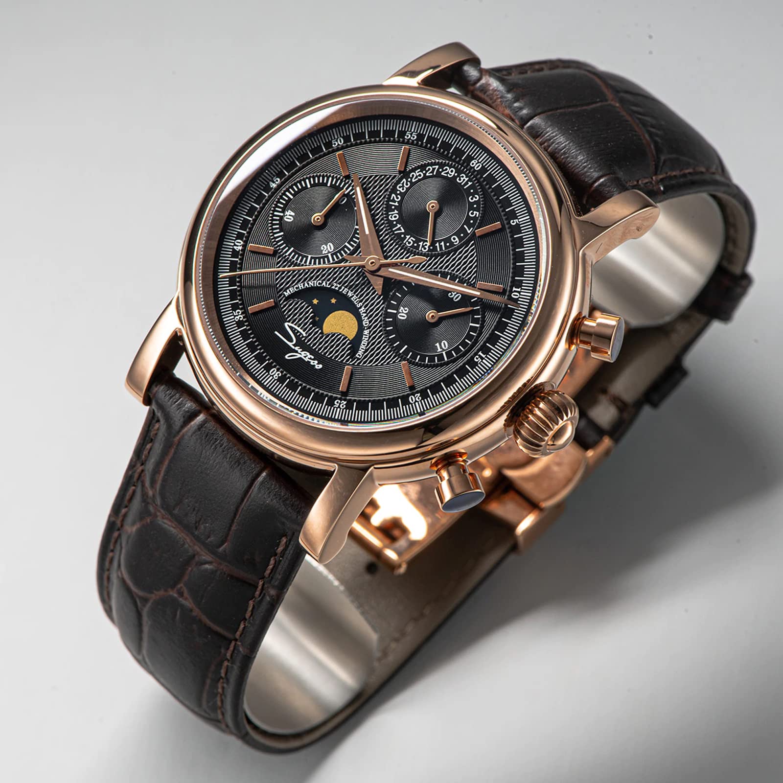Sugess SU1908GZ Gold SWAN Neck MoonPhase Master Seagull ST1908 Uhrwerk Saphirglas Herren Chronograph Mechanische Uhr 1963
