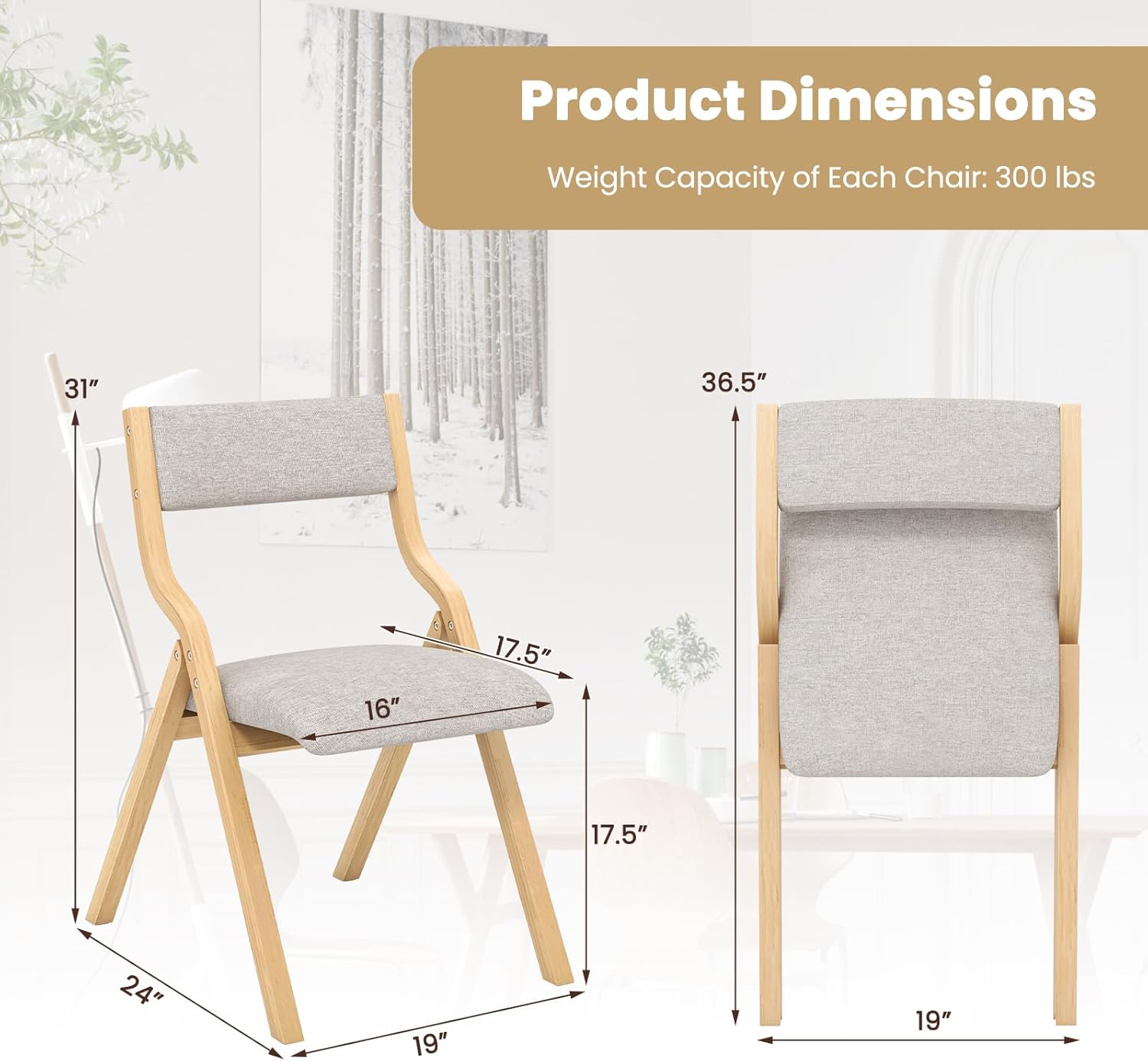 Giantex No Assembly Folding Dining Chairs Set of 2, Kitchen Chairs with Linen Padded Seats, Easy to Store, Perfect for Events and Parties