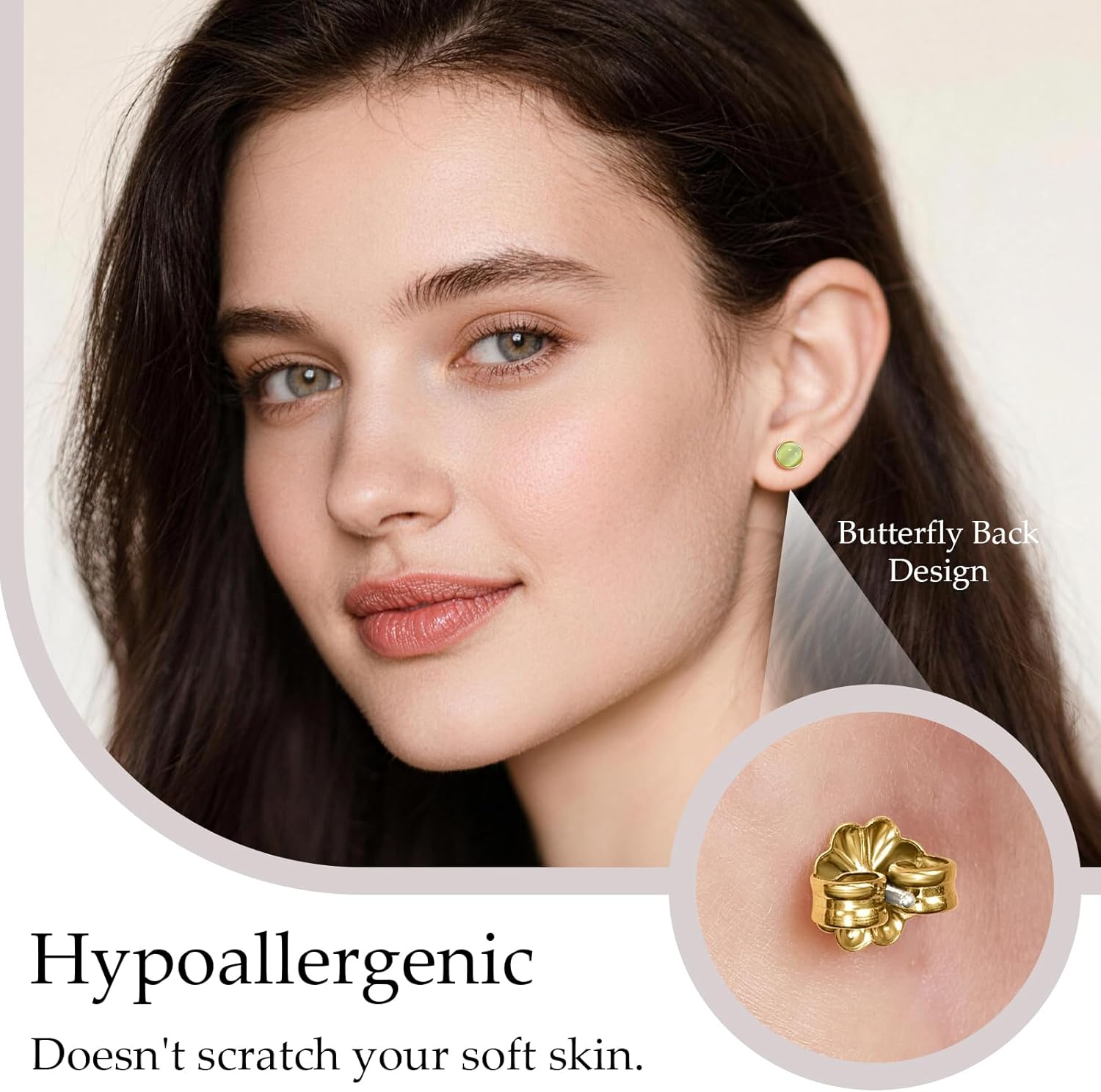 Limerencia Titanium Earrings, 20G 6mm Hypoallergenic Cat's Eye Butterfly Back Earrings for Sensitive Ears, Implant Grade Pure G23 Titanium Studs, Jelly Gold Tone, Minimalist Stud Earrings for Women - Image 3