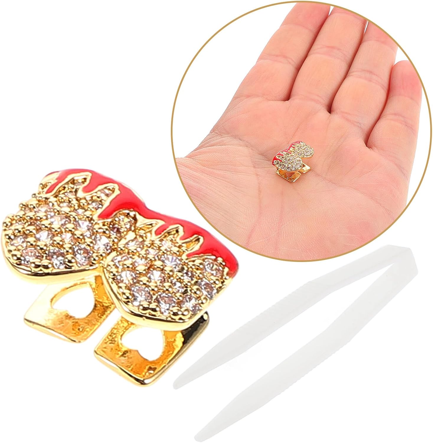 Flame Pattern Gold Tooth Grill Set, Dual Upper Teeth Caps, Hip Hop Mouth Grills for Men and Women, Halloween Party Accessories Dental Jewelry