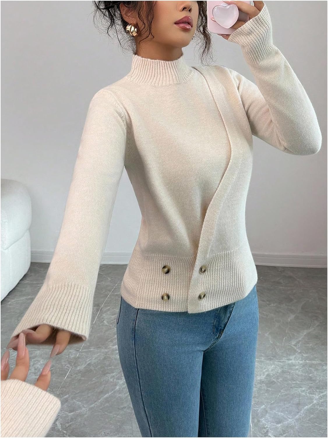 MakeMeChic Women's Business Office Fall Sweaters Mock Neck Long Sleeve Wrap Knitted Pullover Tops - Image 4