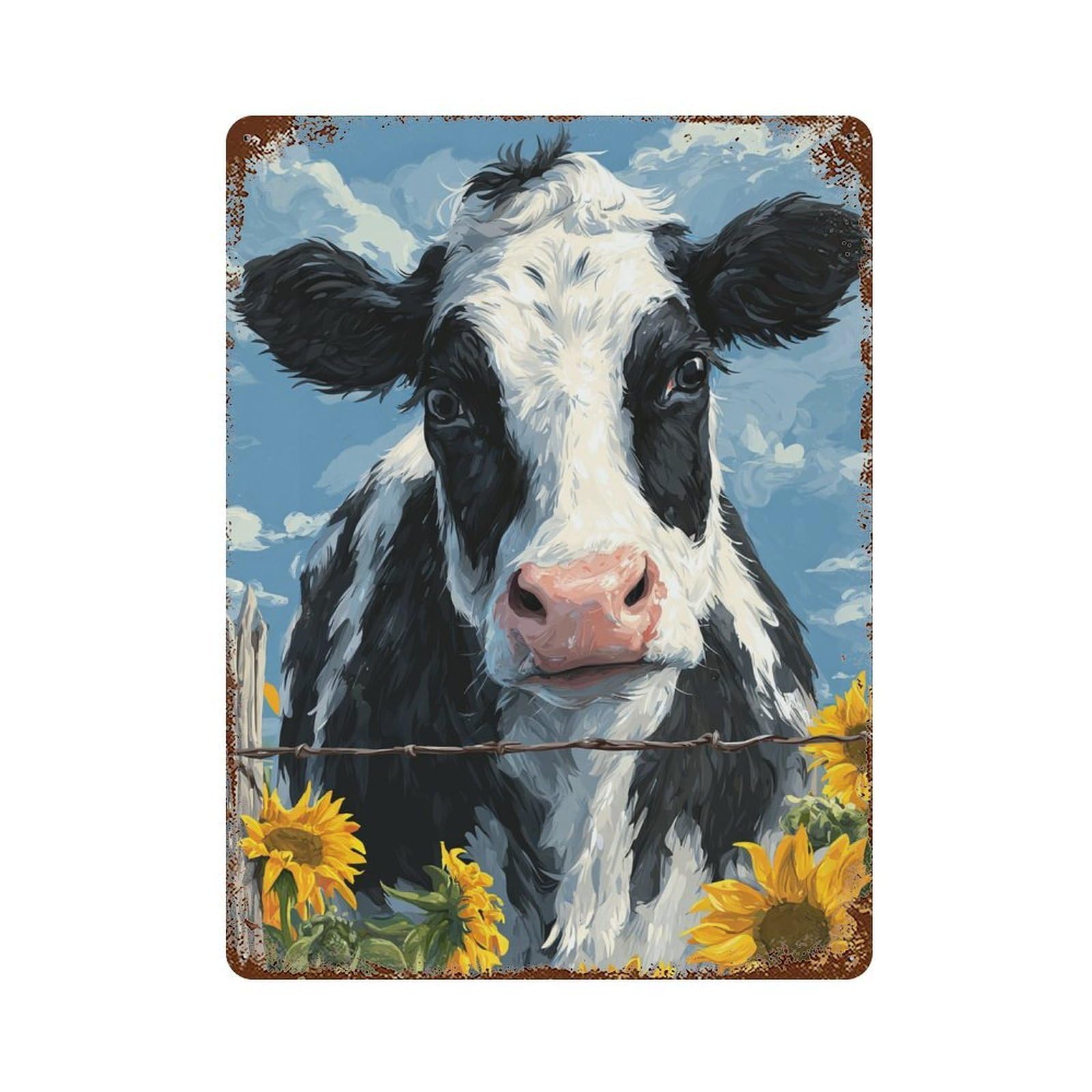 Cow with Sunflowers-2 Weathered Tin Sign 15.7"x11.8", Rustic Home Decor for Garage, Bar And Workshop Decor