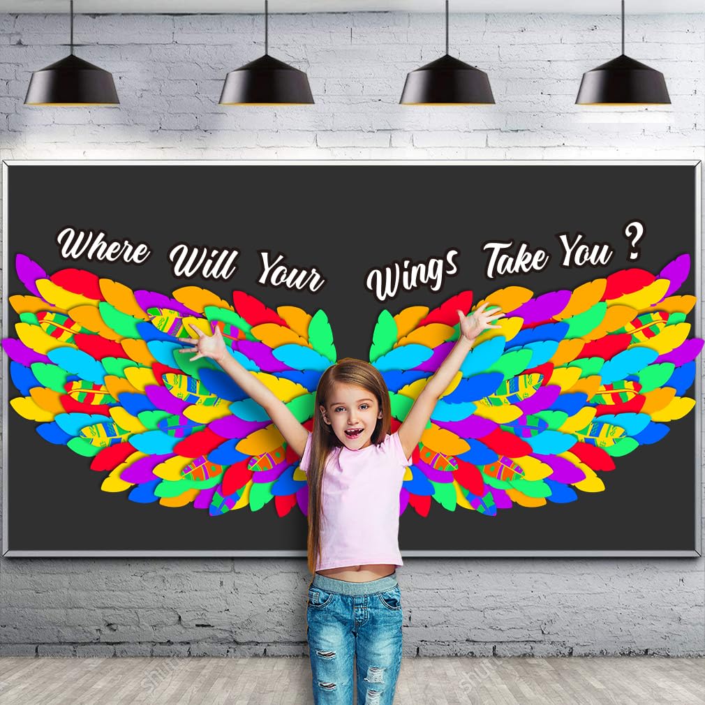 LioNergy 143 Pcs Classroom Wings Bulletin Board Set DIY Wings Motivational Bulletin Board Decoration Colorful Wings Paper Cutouts Theme for Wall Door Decor School Supplies