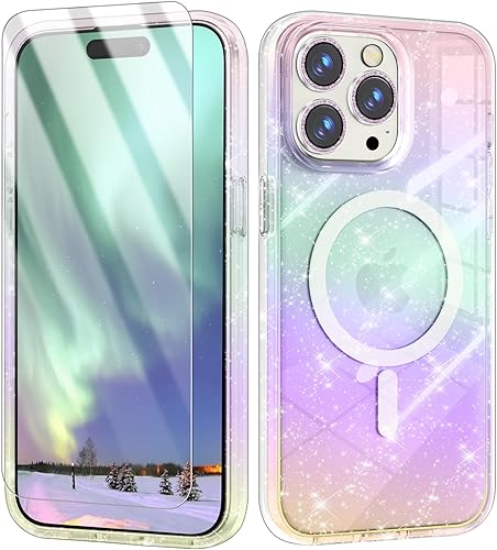 Meshine Funda magnética brillante para iPhone 15 Pro compatible con MagSafe, 2 protectores de pantalla y 2 protectores de lente de cámara de