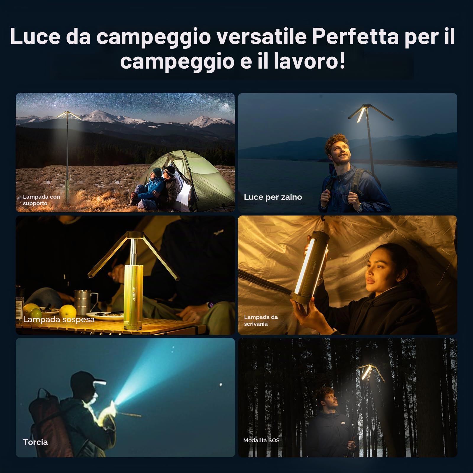 BougeRV Lampada da campeggio con 15600 mAh, luce da campeggio ricaricabile, altezza e angolazione regolabili, 4000LM, IP54 impermeabile, lanterna da campeggio per campeggio, viaggio, emergenza