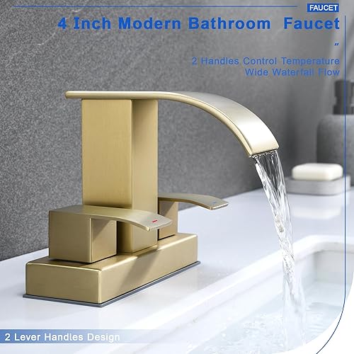 Miniatura 4 de J-HVA Grifo de baño de cascada de oro cepillado con drenaje emergente, 2 manijas de 4 pulgadas, grifo central para lavabo de baño