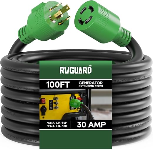 RVGUARD - 4 Prong Generator Extension Cord, 30 Amp, 100 Feet, NEMA L14-30P/L14-30R, 125/250V up to 7500W 10 Gauge SJTW wit...