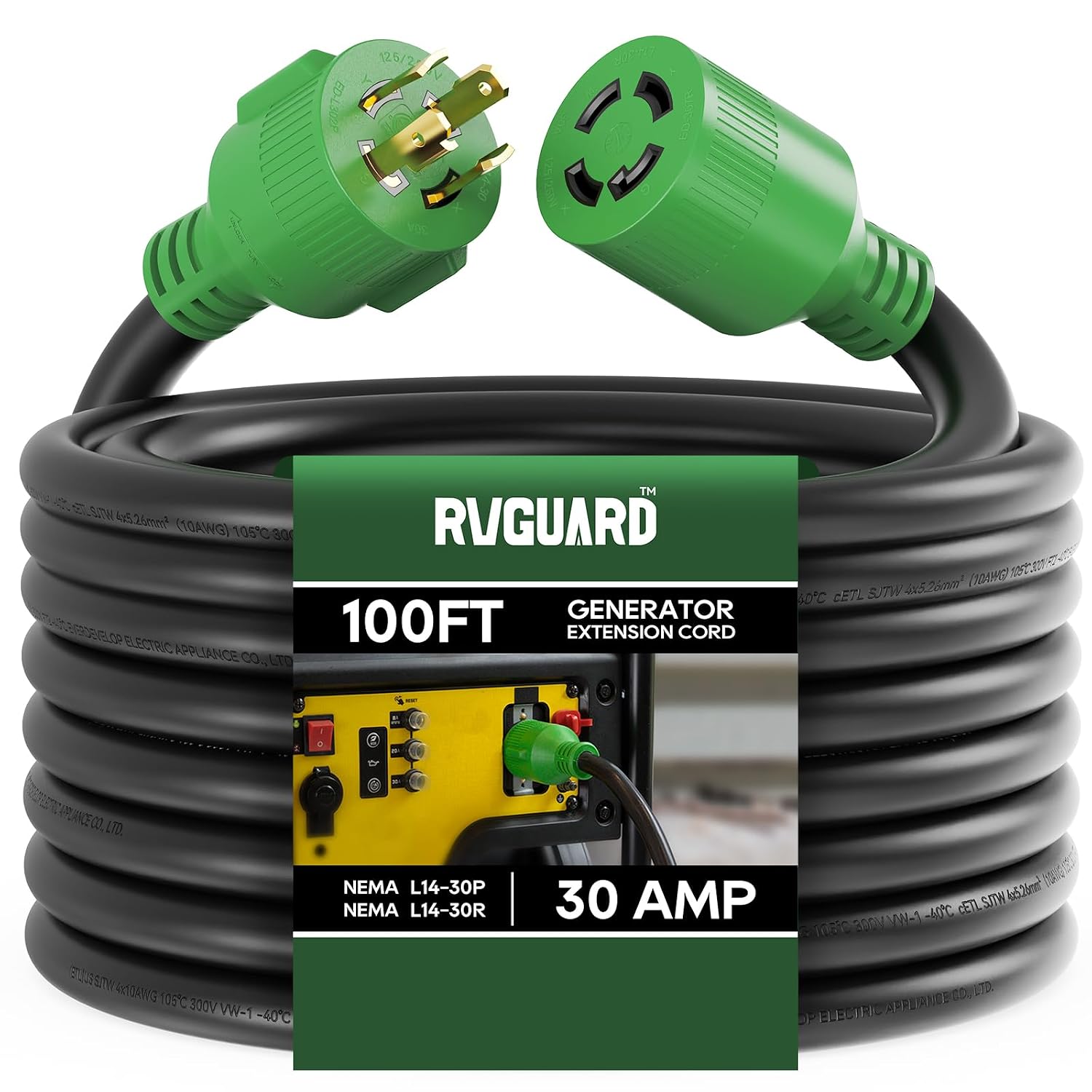 RVGUARD - 4 Prong Generator Extension Cord, 30 Amp, 100 Feet, NEMA L14-30P/L14-30R, 125/250V up to 7500W 10 Gauge SJTW wit... - Review, Price and Buying Guide