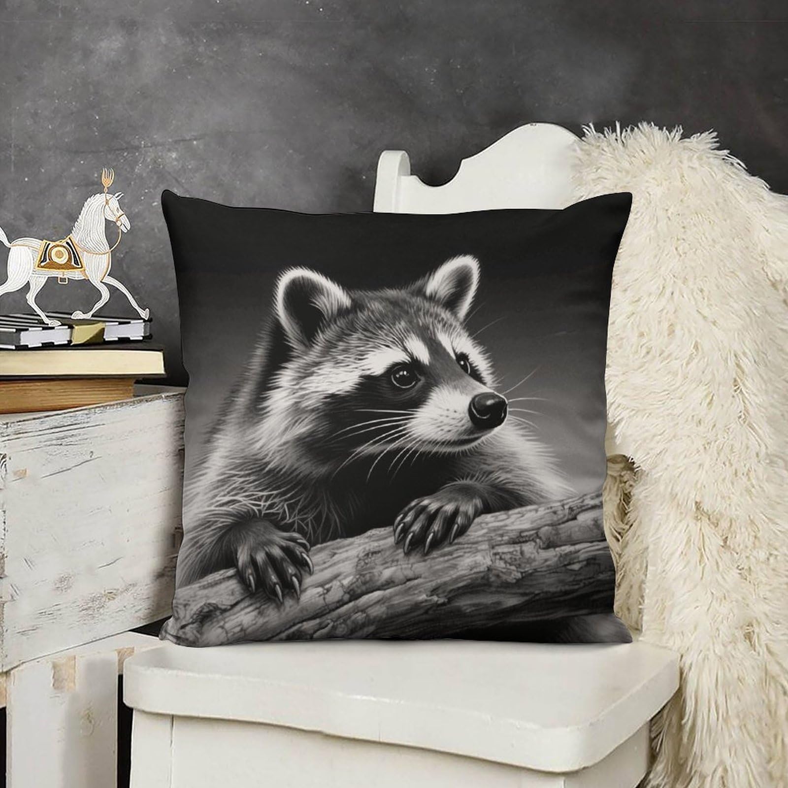 FodPand Boho Farmhouse Raccoon Black Pillow Covers with Hidden Zipper 24x24 Soft Plush Cushion Cover Decorative Throw Pillow Cases for Couch Bed Sofa Living Room Indoor Outdoor Home Decor