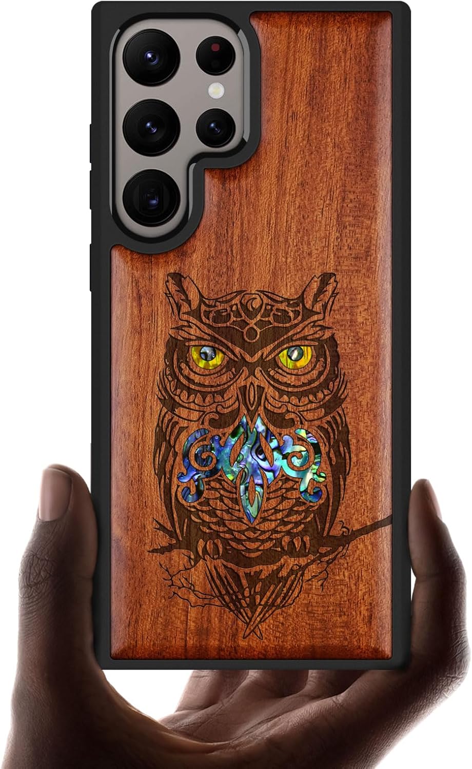 Carveit Designer Wooden Case for Samsung Galaxy S24 Ultra Case [Wood Engraving & Shell Inlay] Compatible with Wireless Chargers S24 Ultra Cover (an Owl Perched on a Branch-Rosy)