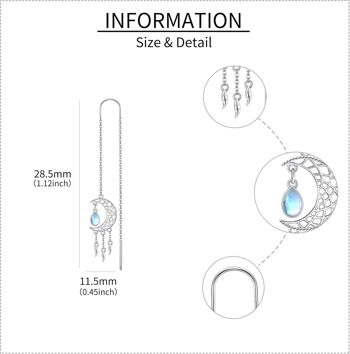 Dream Catcher Threader Earings 925 Sterling Silver Moonstone Feather Dreamcatcher Mother's Day Jewelry for Women Mom