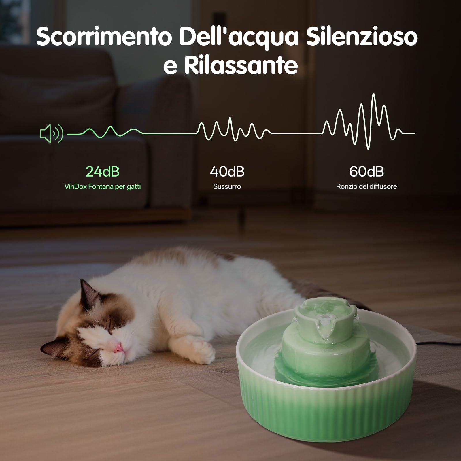 Fontanella per Gatti Ceramica, 2.1L Fontana per Gatti ceramica, Silenziosa con Filtro ai Carboni Attivi, per più animali domestici, colore sfumatura verde