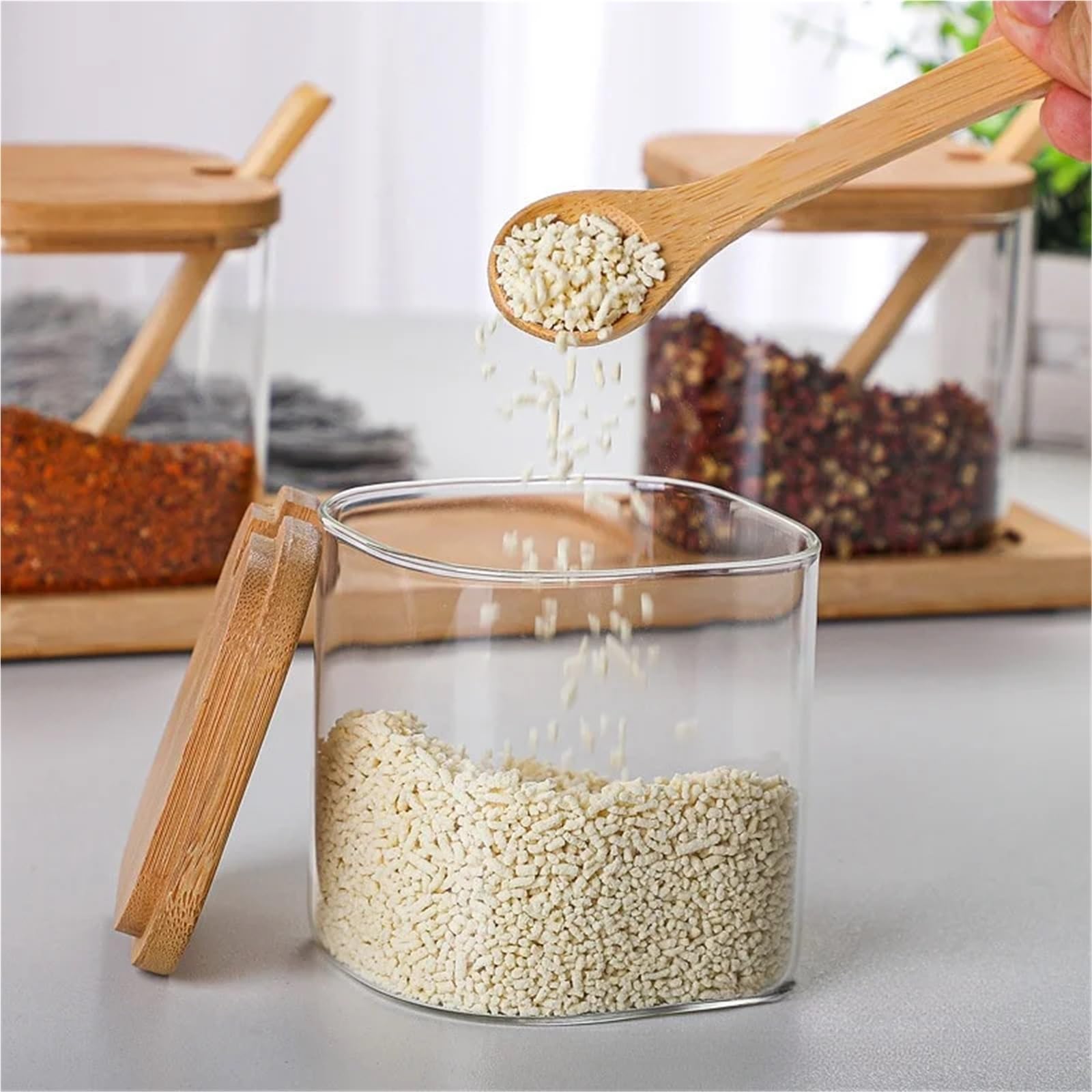 Set da 3 barattoli di vetro for condimenti con coperchio, cucchiaio e vassoio portaoggetti, sale, zucchero, spezie, contenitore for alimenti, organizer cucina per Cucina