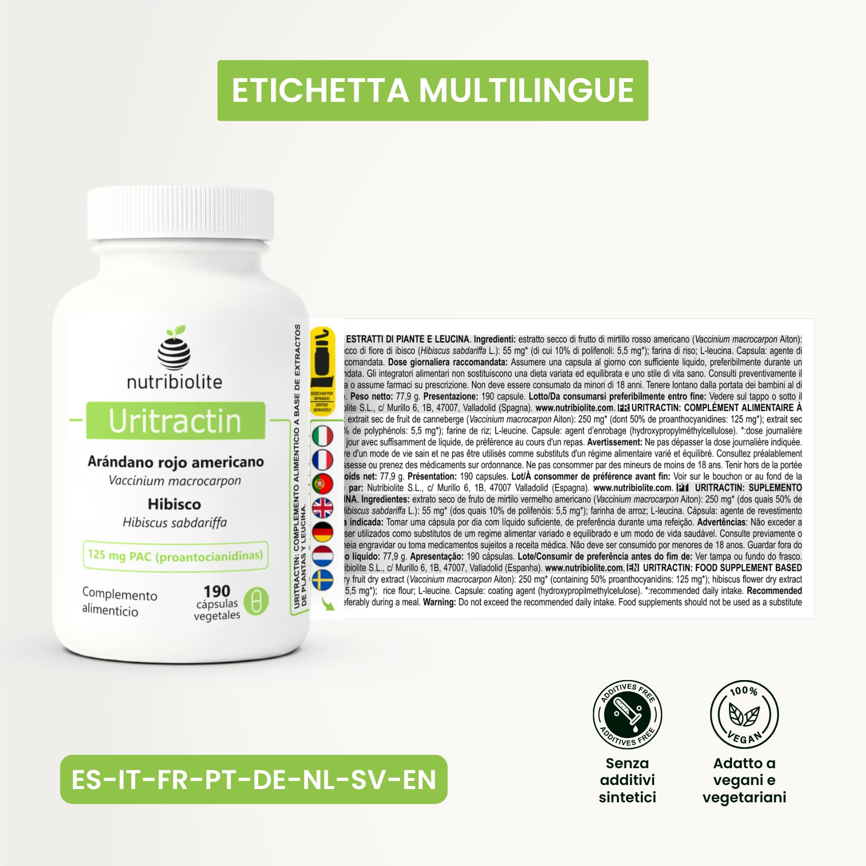 Mirtillo Rosso Americano Cranberry con Ibisco 125 mg di PAC Proantocianidine - Vie Urinarie - 190 Capsule - Senza Additivi +6 Mesi | Uritractin Nutribiolite