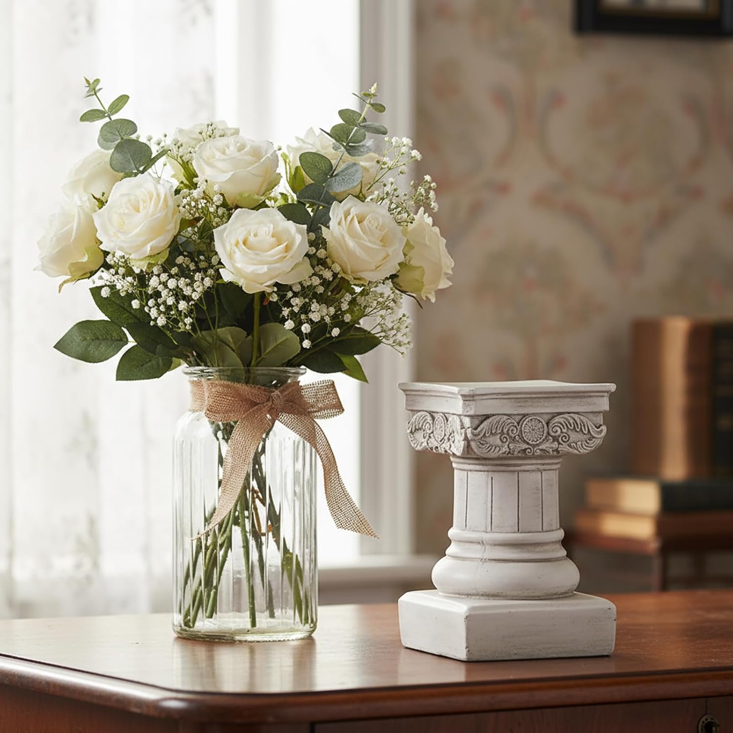 Roman Column Resin Decor 8.5 Inch, Classic White Pedestal for Home Display, Roman Style Pillar Sculpture Small