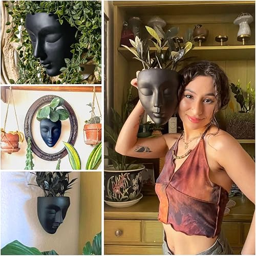 Miniatura 4 de Maceta de Cara, Maceta Vertical Montable en Pared con Orificio de Drenaje, 6x5.25x3.5 pulgadas, Hormigón, Negro, Estilo Moderno, Interior, 1 Pieza,