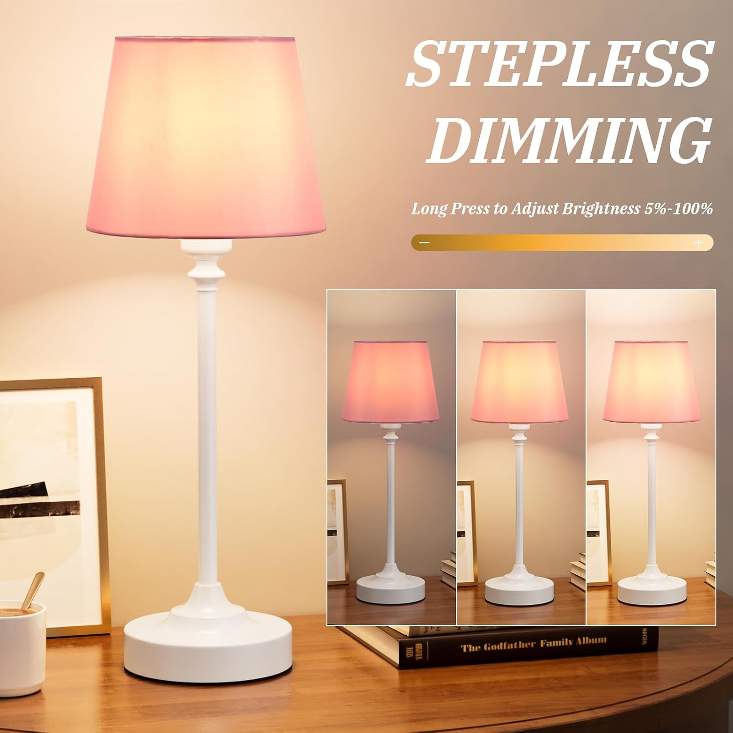 Cordless Table Lamps Rechargeable Set - 2 Pack White 4000mAH Battery Operated Lamps for Decor, 3000K Stepless Dimming Touch Control Wireless Lamps for Bedroom, Dining Table, Living Room, Pink Shade thumbnail