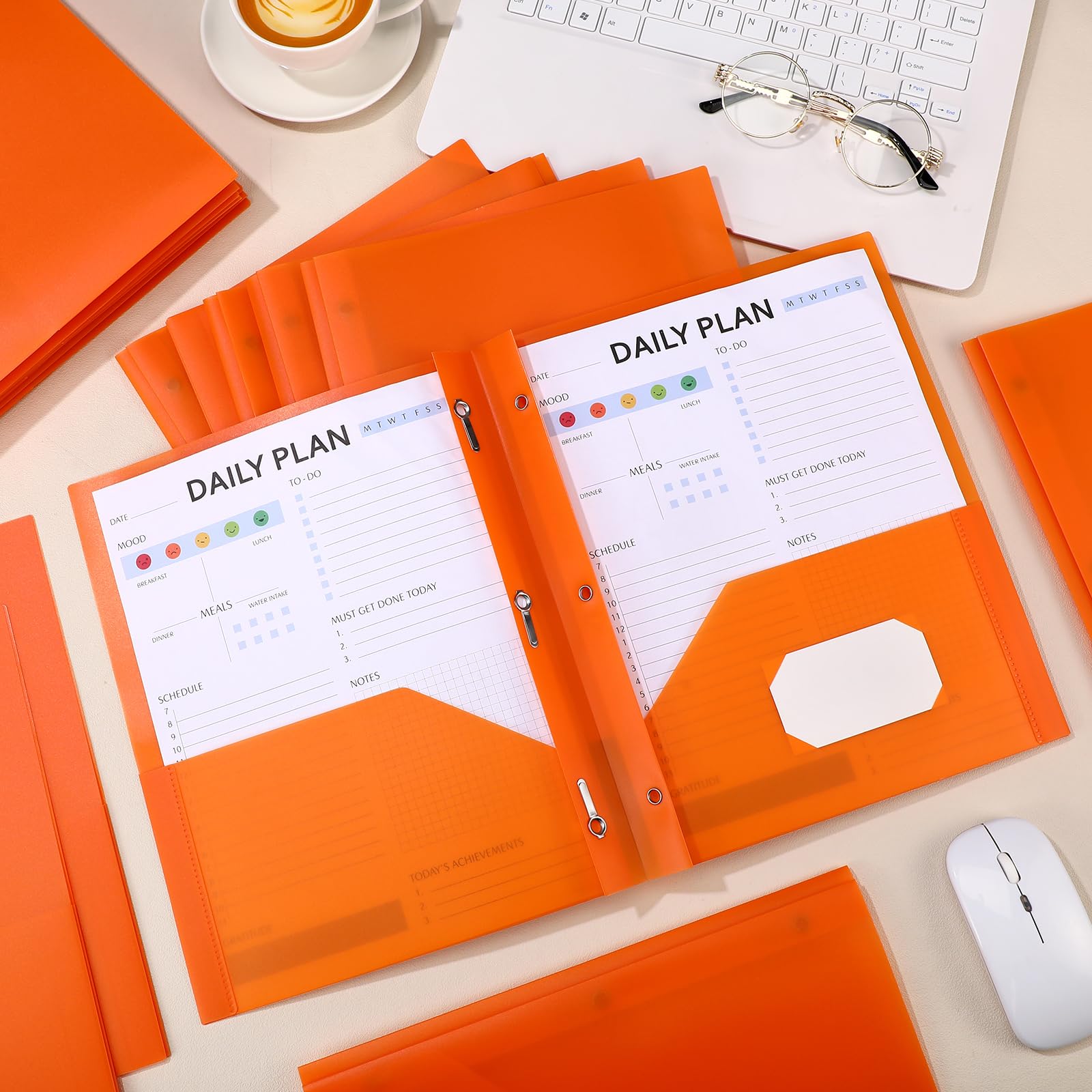 Patelai Lot de 48 dossiers en plastique avec poches, 2 pochettes robustes avec 3 broches et attaches pour l'école et le bureau (orange)