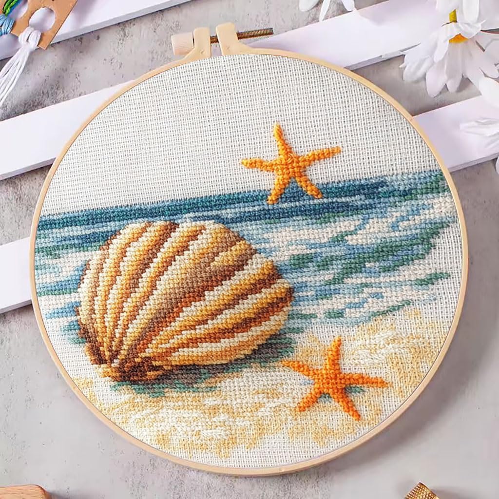 DIY Cross Stitch Kits Seaside Scenery Seashell Starfish with Hoop 11CT Needlepoint Embroidery Stamped Counted Cross Stitch Set Craft Wall Decor 20x20cm-2