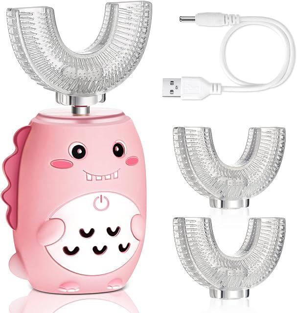 Kids 4inch Electric Toothbrushes U Shaped Ultrasonic Toothbrush Dinosaur Toothbrush Rechargeable Waterproof Toddler Tooth Brush with 2 Brush Heads for Baby 2-12 Years Old, 5 Cleaning Modes (Pink)