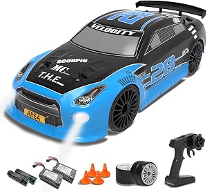 RACENT 1/14 RC Drift Car, 2.4Ghz 4WD Remote Control Car 15MPH High Speed RC Car with LED Lights Two Batteries Drifting & Racing Tires