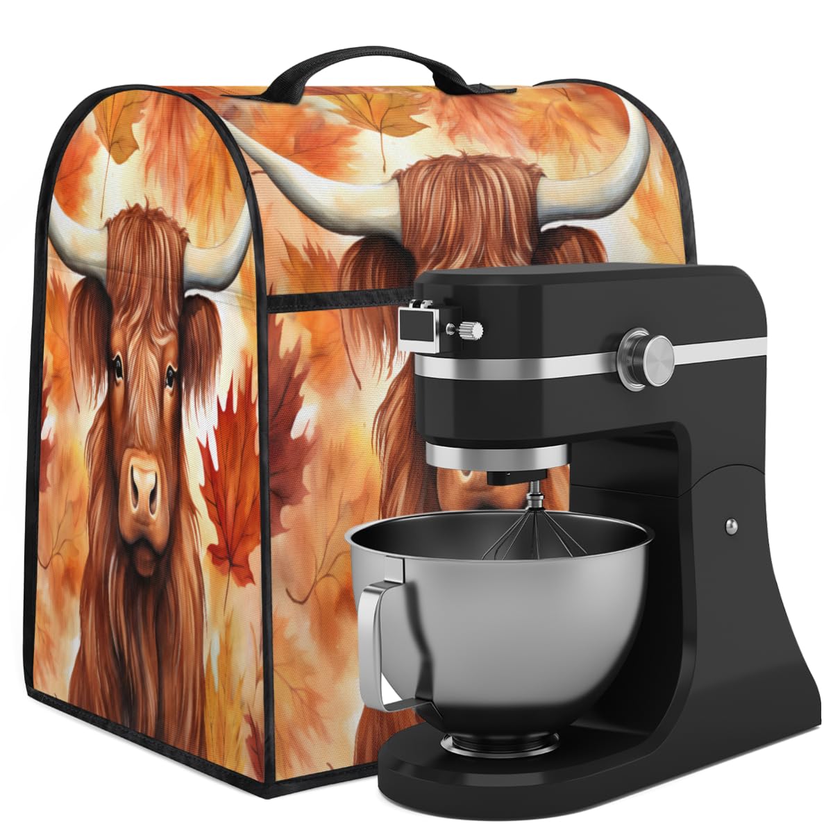 Coffee Maker Cover Autumn Highland Cow Maple Leaf Kitchen Appliance Covers Small Appliance Covers Blender Cover Juicer Cover Dust Covers for Kitchen Appliances with Top Handle and Pockets,C150