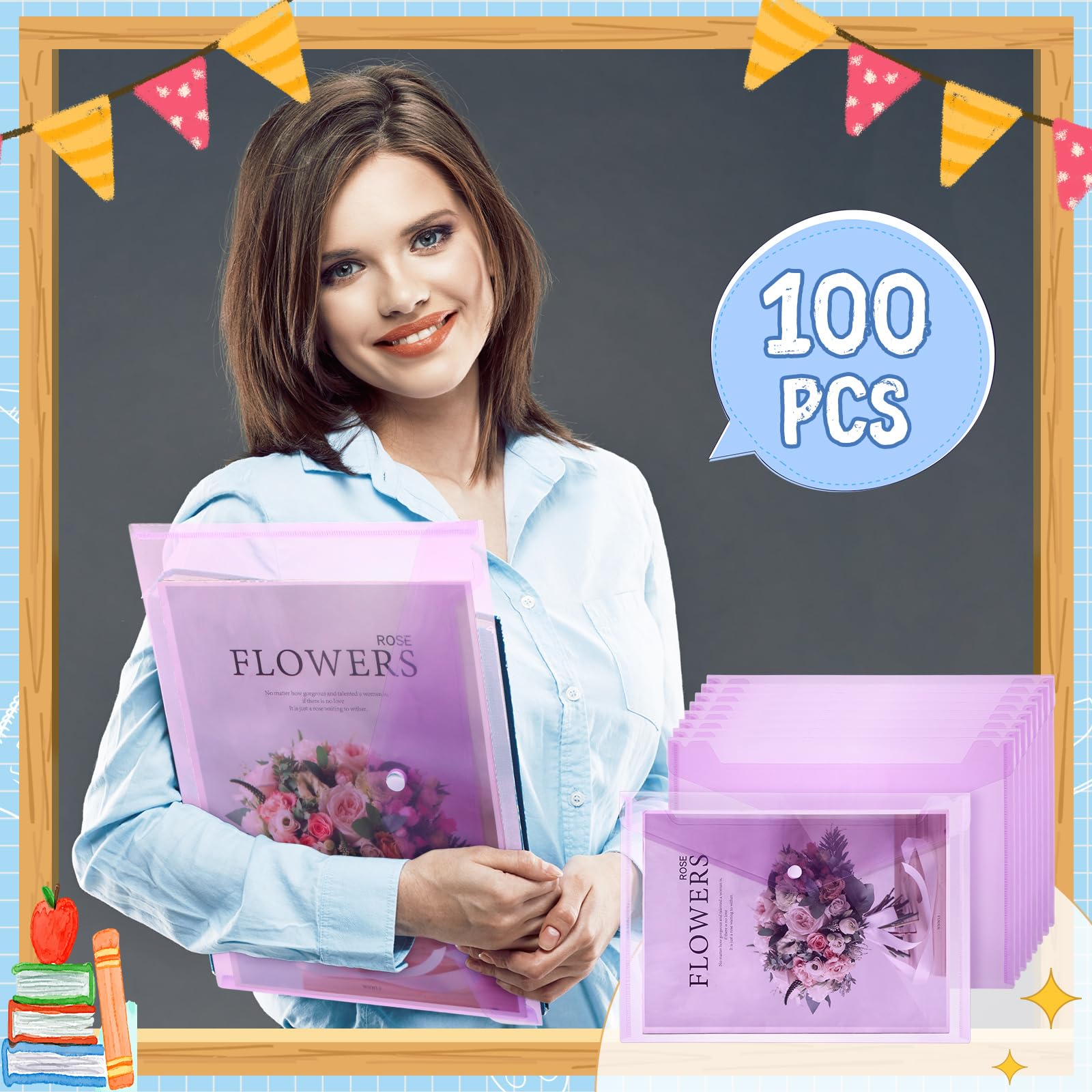 MotiMind 100 buste trasparenti con chiusura a bottone a pressione, formato A4, in plastica trasparente, organizer per documenti, per ufficio e casa (viola)