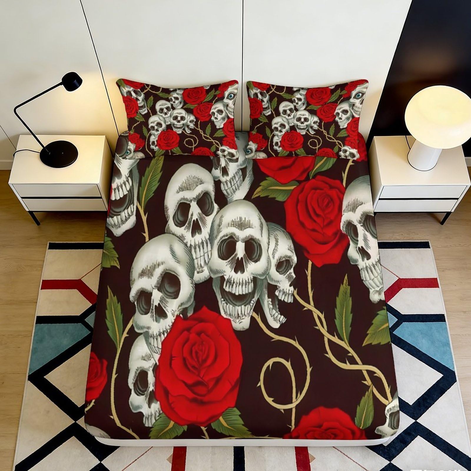 Jxqhbvmg Style-8 3D Printed Skull Rose Fitted Sheet Microfiber Deep Pocket Non-Slip Skull Rose Mattress Fitted Cover Washable For Adult Teen Bedding 90X200x25cm