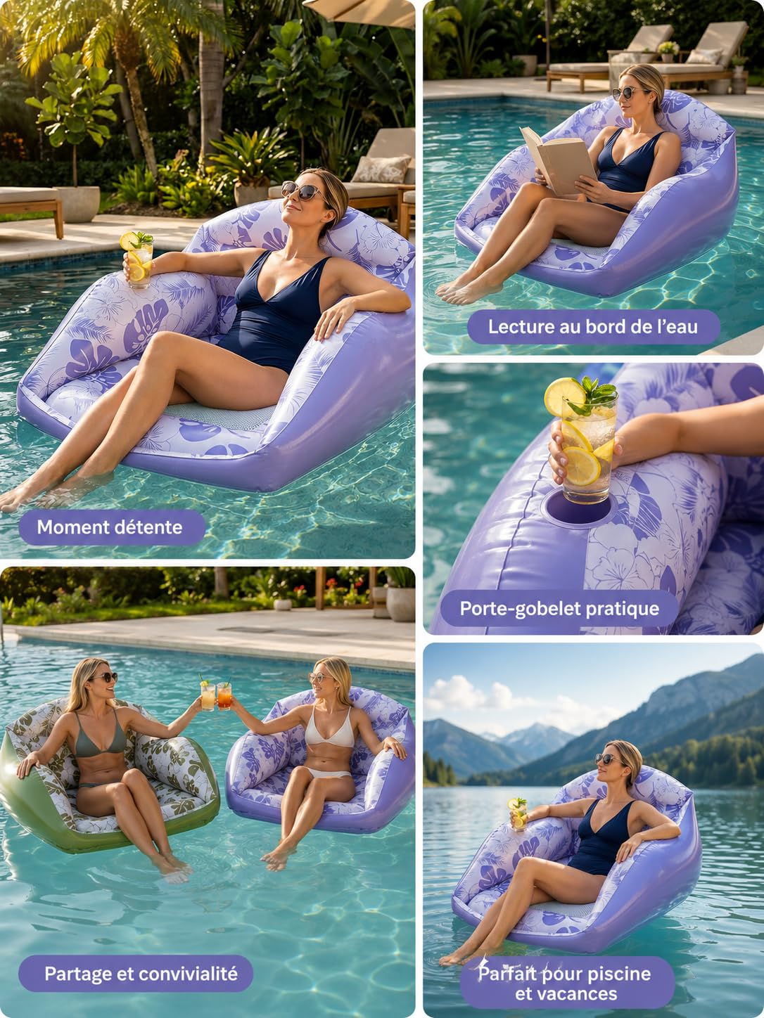 Fauteuil Flottant pour Piscine | Fauteuil Piscine Gonflable, Le Fauteuil Flottant Premium 4 en 1,Matelas et Fauteuil Flottant pour Adultes, Plage et Vacan