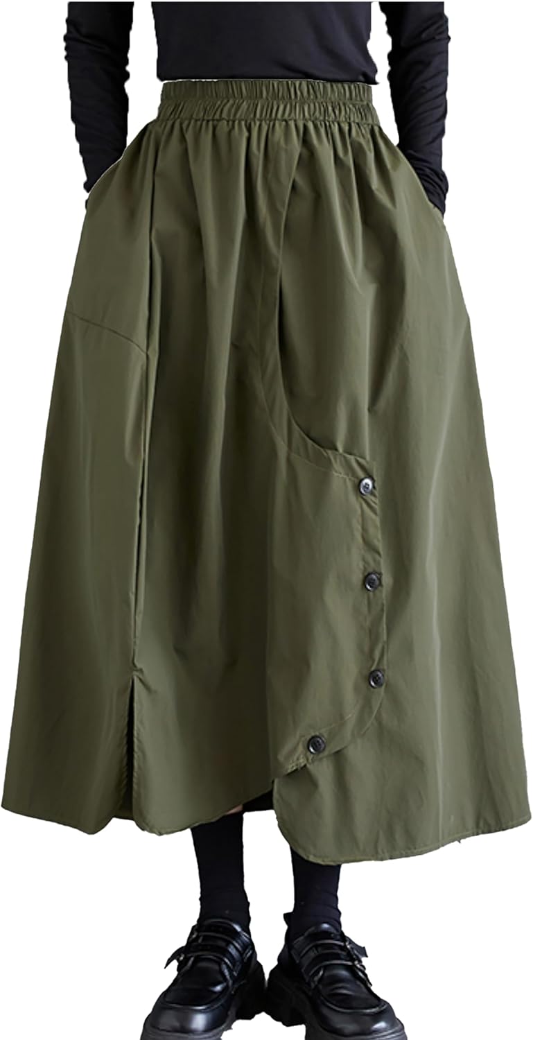 ellazhu Women's Skirt Elastic Waist Two Side Pockets Solid Color Baggy Loose Oversize Trouser GZ314