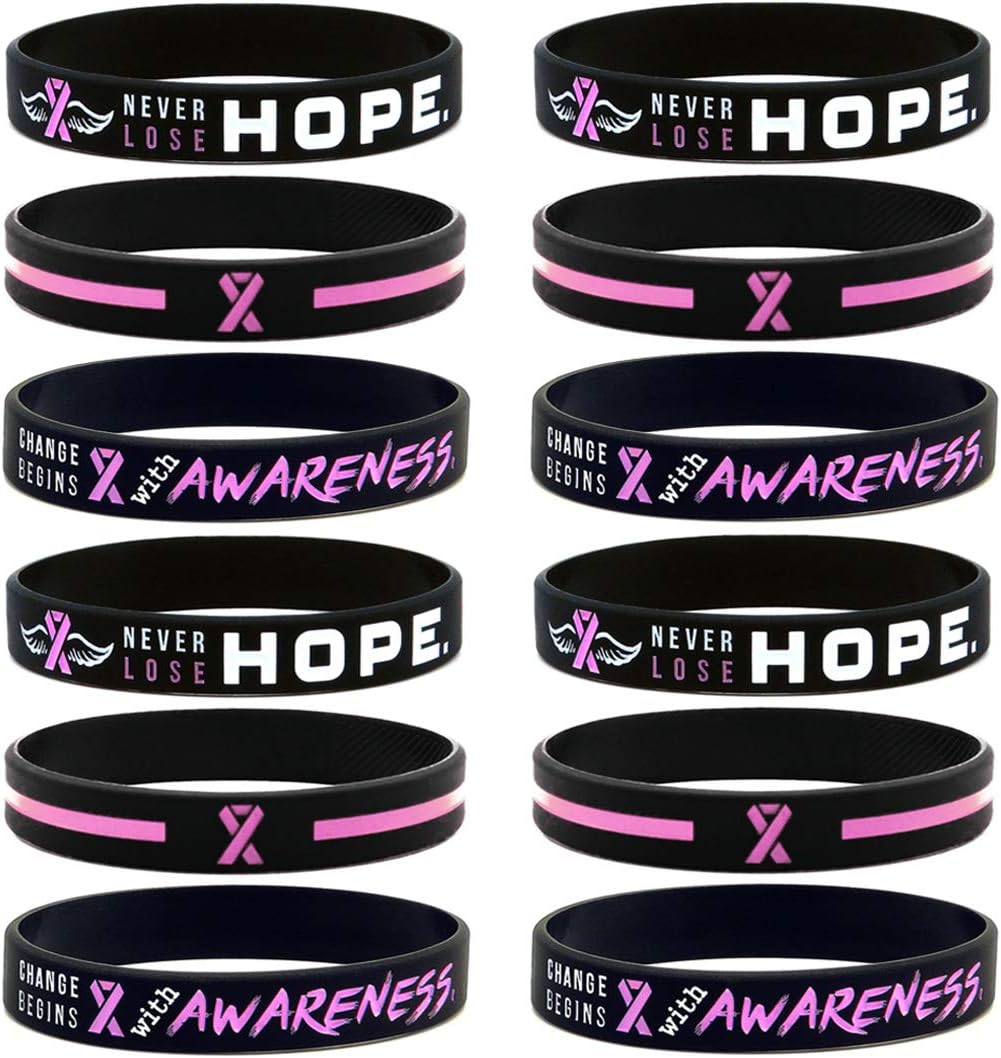Inkstone Breast Cancer Awareness Bracelets Unisex Assortment Pink Ribbon Silicone Rubber Wristbands Inspirational Gifts… 12 Count (Pack of 1)