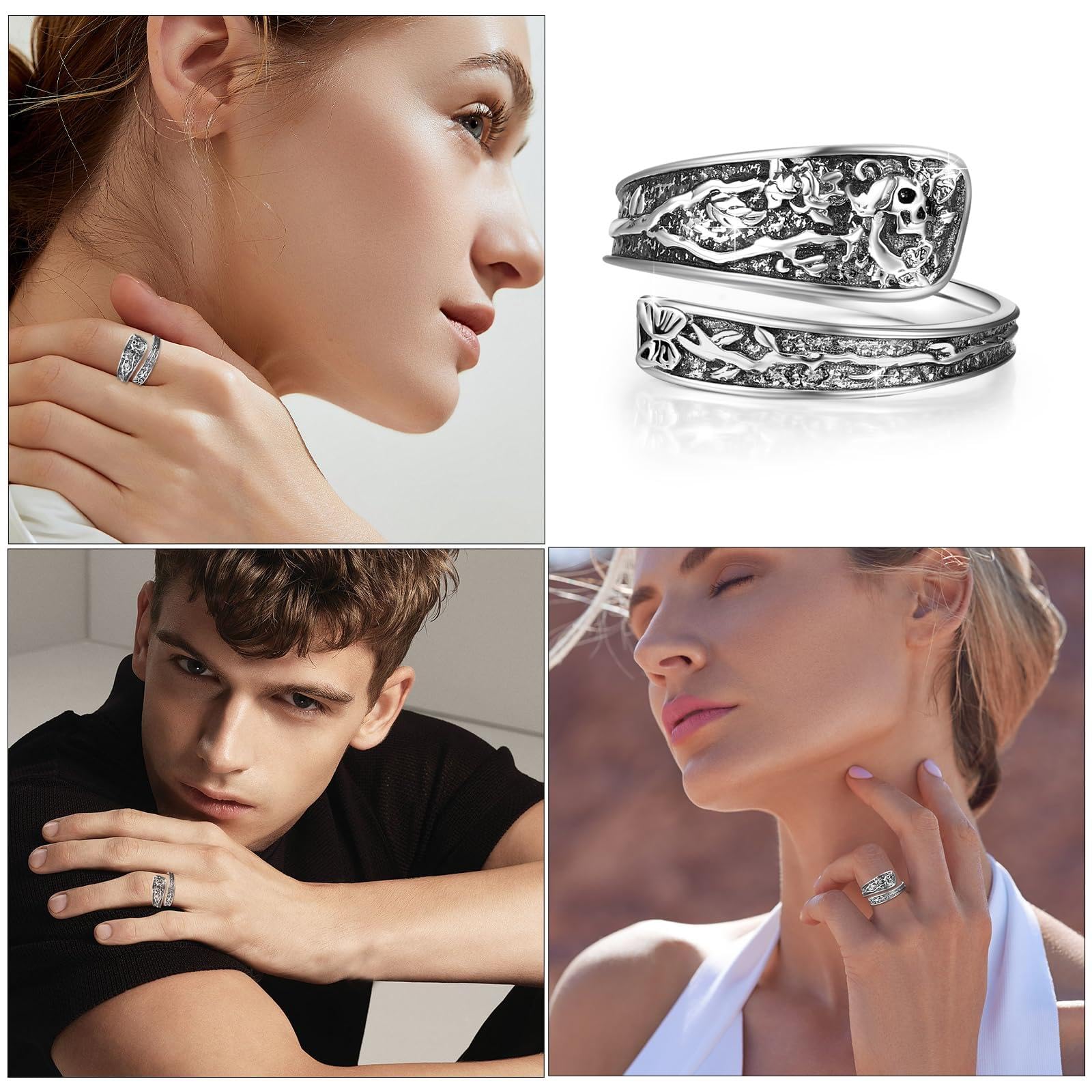 Anillo de calavera abierto de plata de ley 925, anillo de calavera ajustable, anillos góticos Y2K, joyas góticas, regalos de cumpleaños para hombres y mujeres, Plata de ley, Sin piedras