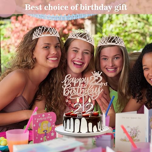 Miniatura 6 de Decoraciones de cumpleaños número 22 para mujeres, incluyendo banda y tiara, decoración de pastel y velas, regalos de cumpleaños 22 para mujeres,