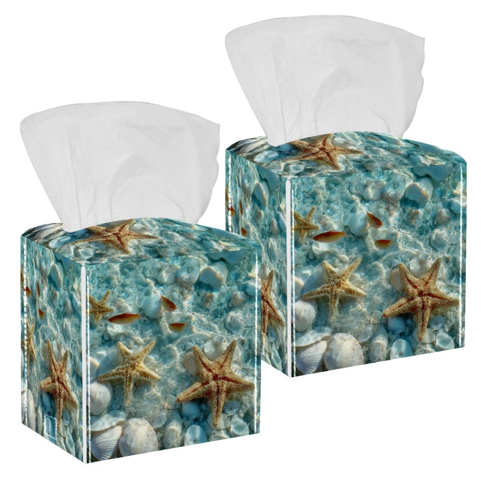 Starfish and Fish Tissue Box Cover, 2 Pack PU Leather Square Facial Tissue Dispenser Box holder for Home Office Car