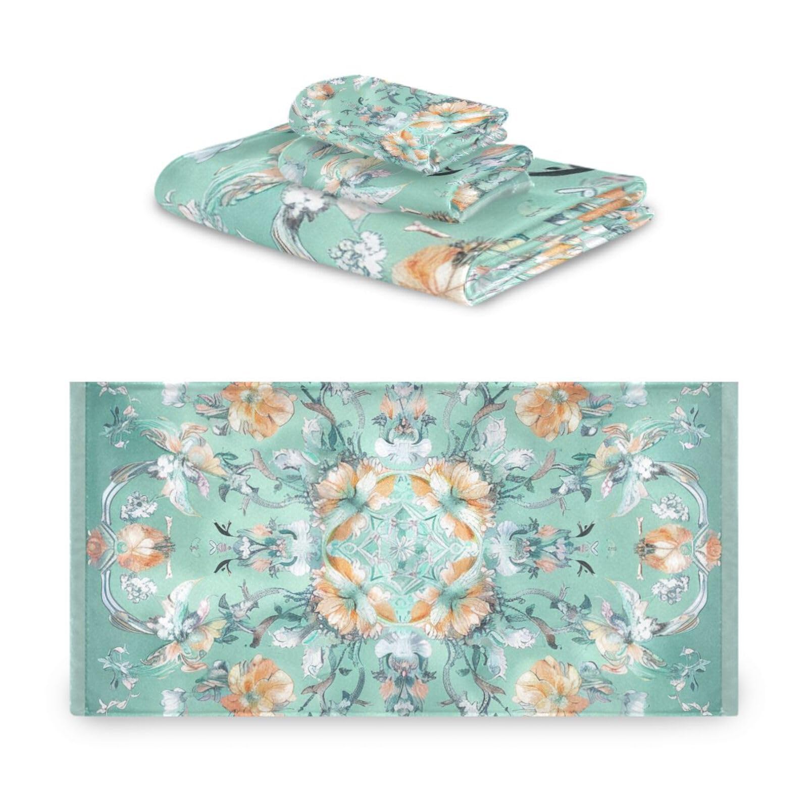 Set di 3 asciugamani morbidi in stile bohémien con fiori e fiori verdi, 1 asciugamano da bagno, 1 asciugamano per mani, 1 panno per la casa, cucina e famiglia
