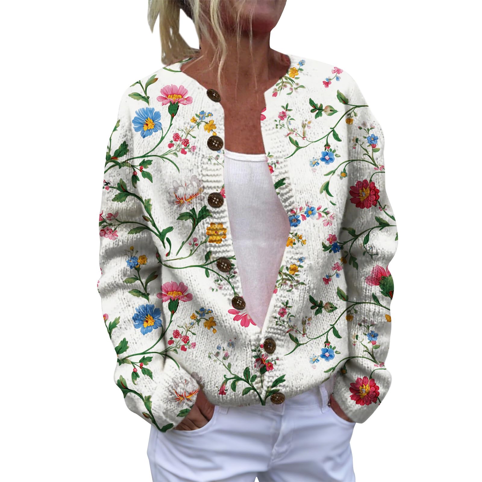 Boho Floral Print Sweaters for Women Open Front Cardigan Long Sleeve Chunky Knit Sweater Button Up Fall Trendy