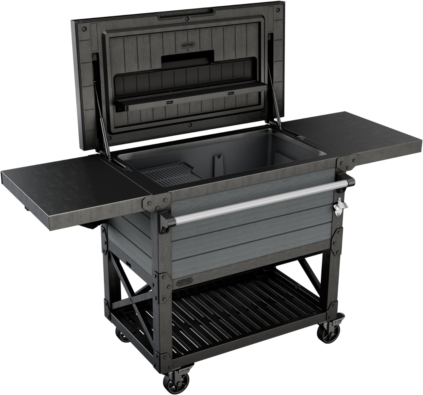 89.8 Qt Portable Outdoor Patio Cooling Chest, Ice Chest Beverage Party Bar Cart Table with Swivel Wheels, Shelves, and Bottle Opener, Graphite
