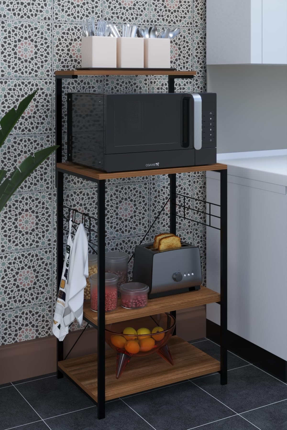 Mikrowellenschrank | Küchenschrank für Mikrowelle | Stilvoll | Modern | Multifunktionaler Küchenschrank | Freistehend | Küchenregal | 132 x 60 x 40 cm (Dunkles Walnussholz)