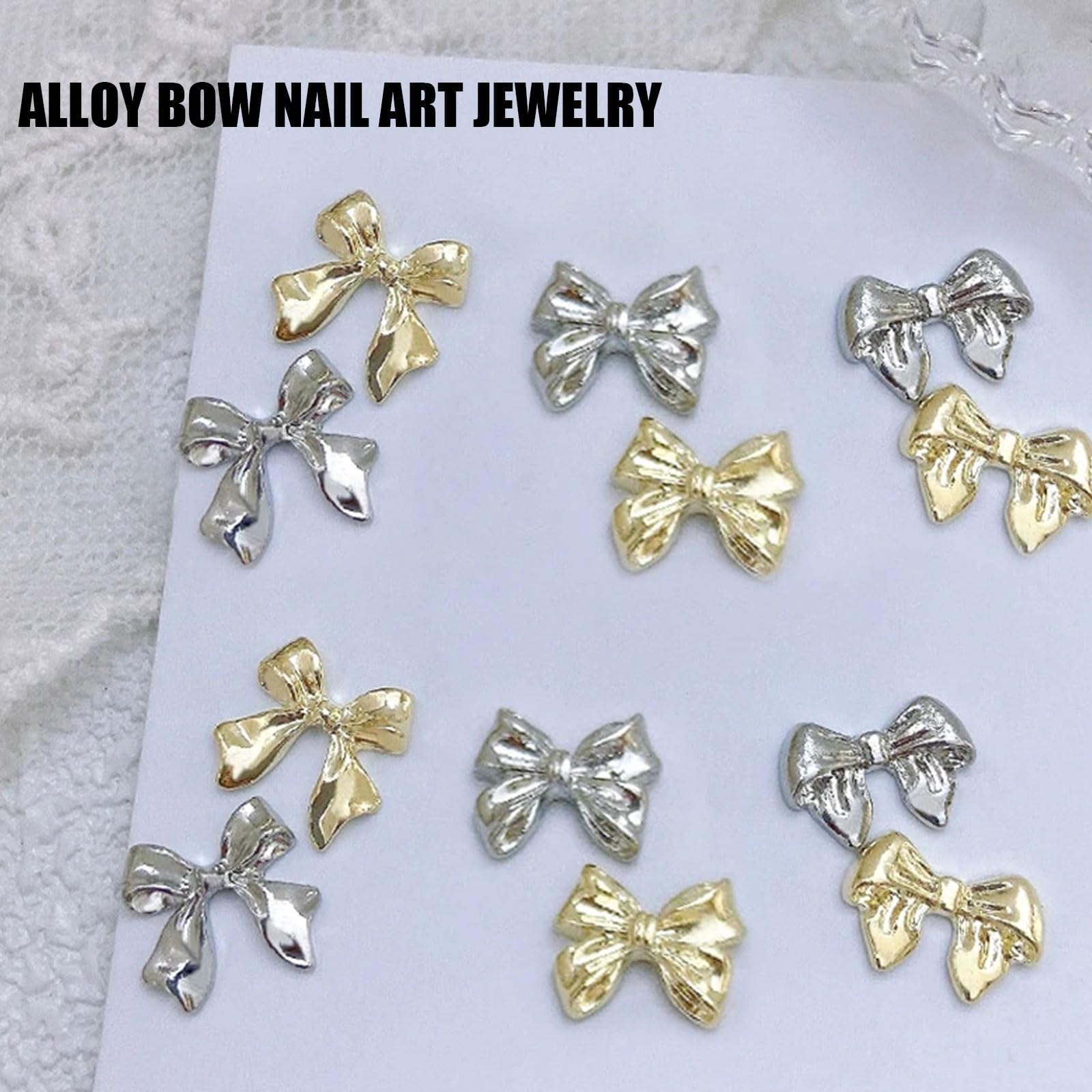 Bow Nail Charms,60PCS Gold Silver Metal Nail Art Bows,Bowknot Bow Tie Nail Gems Alloy Nail Art Decorations Supplies for Women Girls Manicure Design DIY Crafts (B Gold & Silver) - Image 3