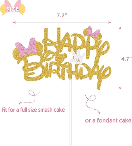 Miniatura 4 de Decoración de pastel de cumpleaños inspirada en Minnie con purpurina rosa y dorada con lazos rosas y guantes blancos para fiesta de cumpleaños para